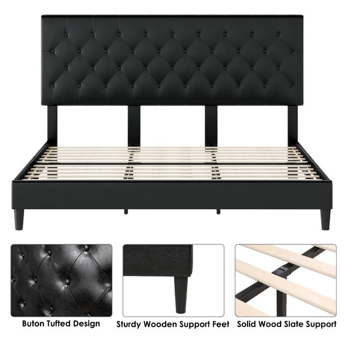 Queen Size Bed: Upholstered Bed with Adjustable Headboard