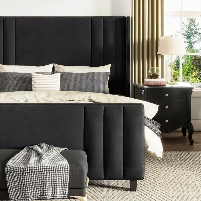 Queen Size Bed: Velvet Upholstered Platform Bed with Headboard