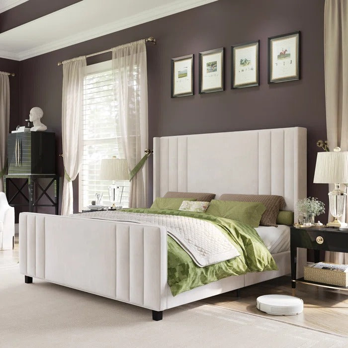 Queen Size Bed: Velvet Upholstered Platform Bed with Headboard