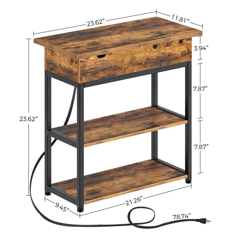 End Table: Rustic Brown End Table with Storage and Built-In Outlets