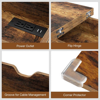 End Table: Rustic Brown End Table with Storage and Built-In Outlets