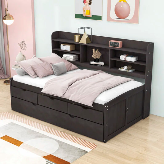 Single Bed: 3 Drawers Wooden Bed with Trundle
