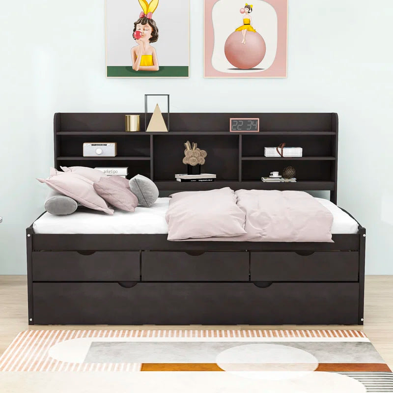 Single Bed: 3 Drawers Wooden Bed with Trundle