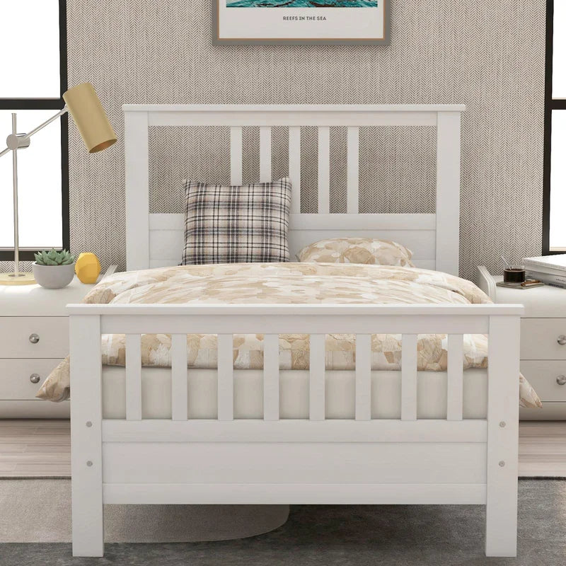 Single Bed: White Solid Wood Bed
