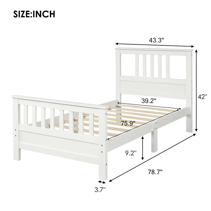 Single Bed: White Solid Wood Bed