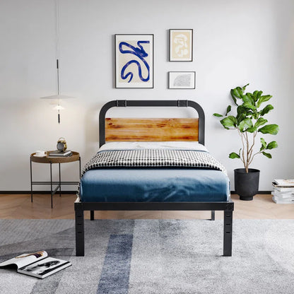 Single Bed: Wood and Black Metal Bed