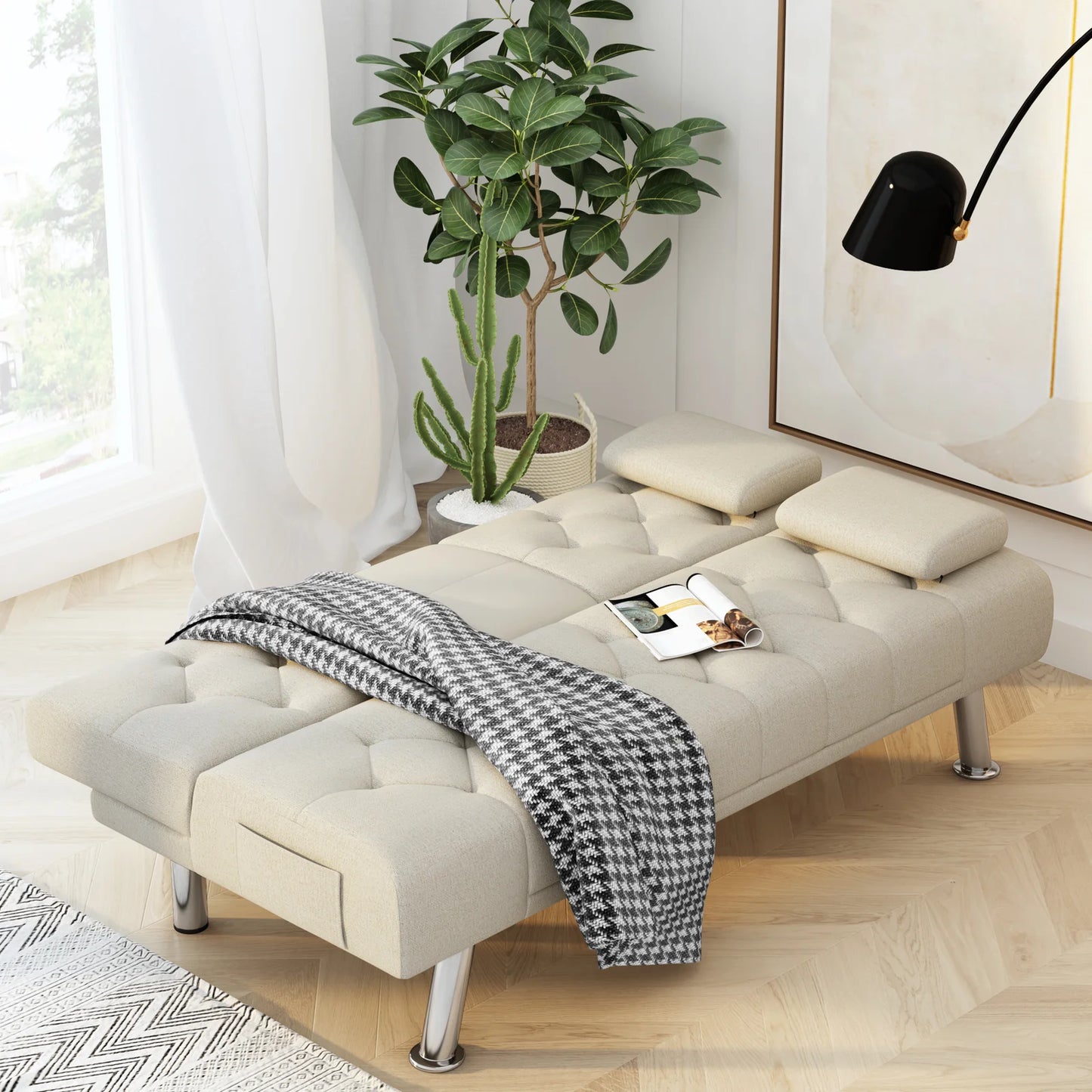 Sofa Bed: 66.3'' Upholstered L Shape Sofa Cum Bed