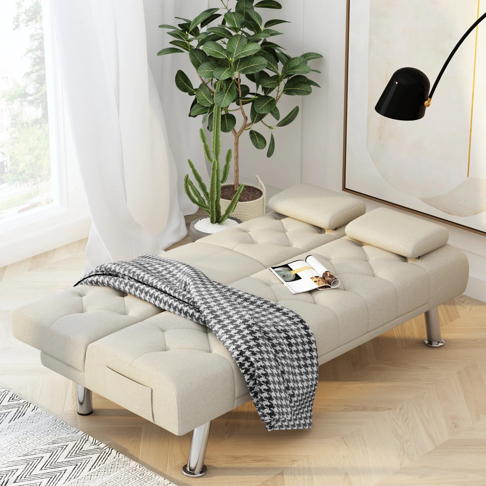 Sofa Bed: 66.3'' Upholstered L Shape Sofa Cum Bed