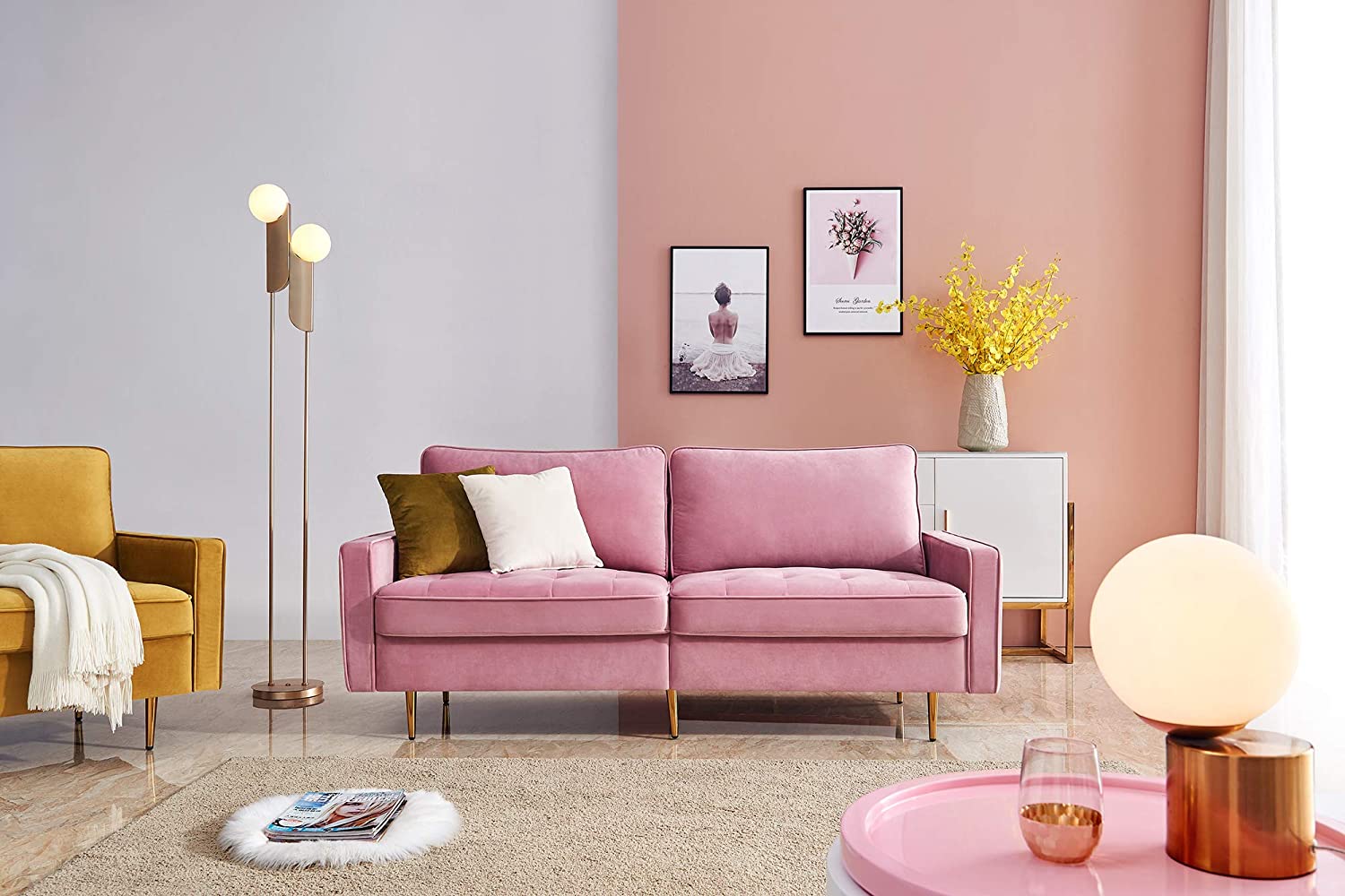 2 Seater Sofa : Light Pink Velvet Lounge Couch – GKW Retail