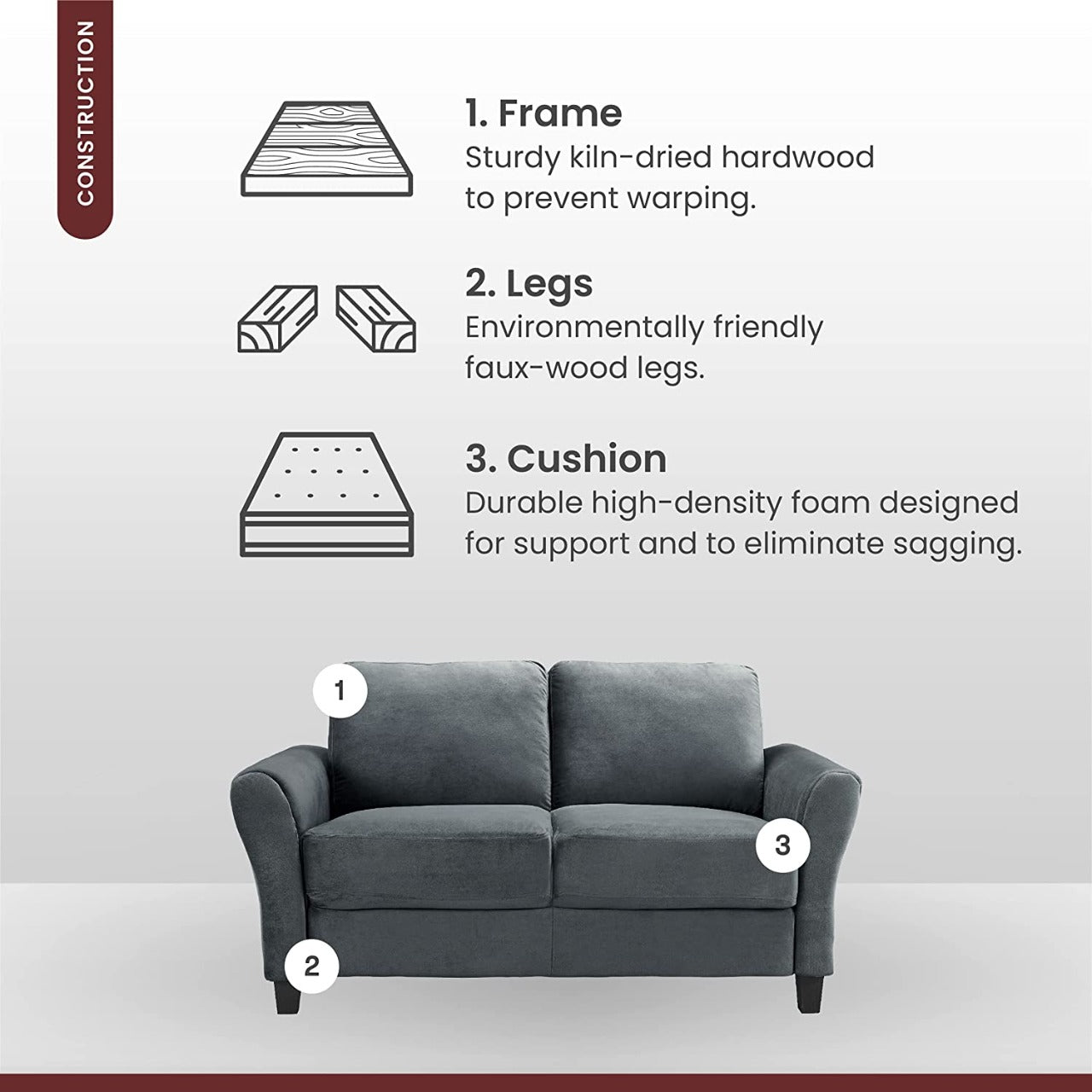 2 Seater Sofa : Dark Grey Fabric Sofa