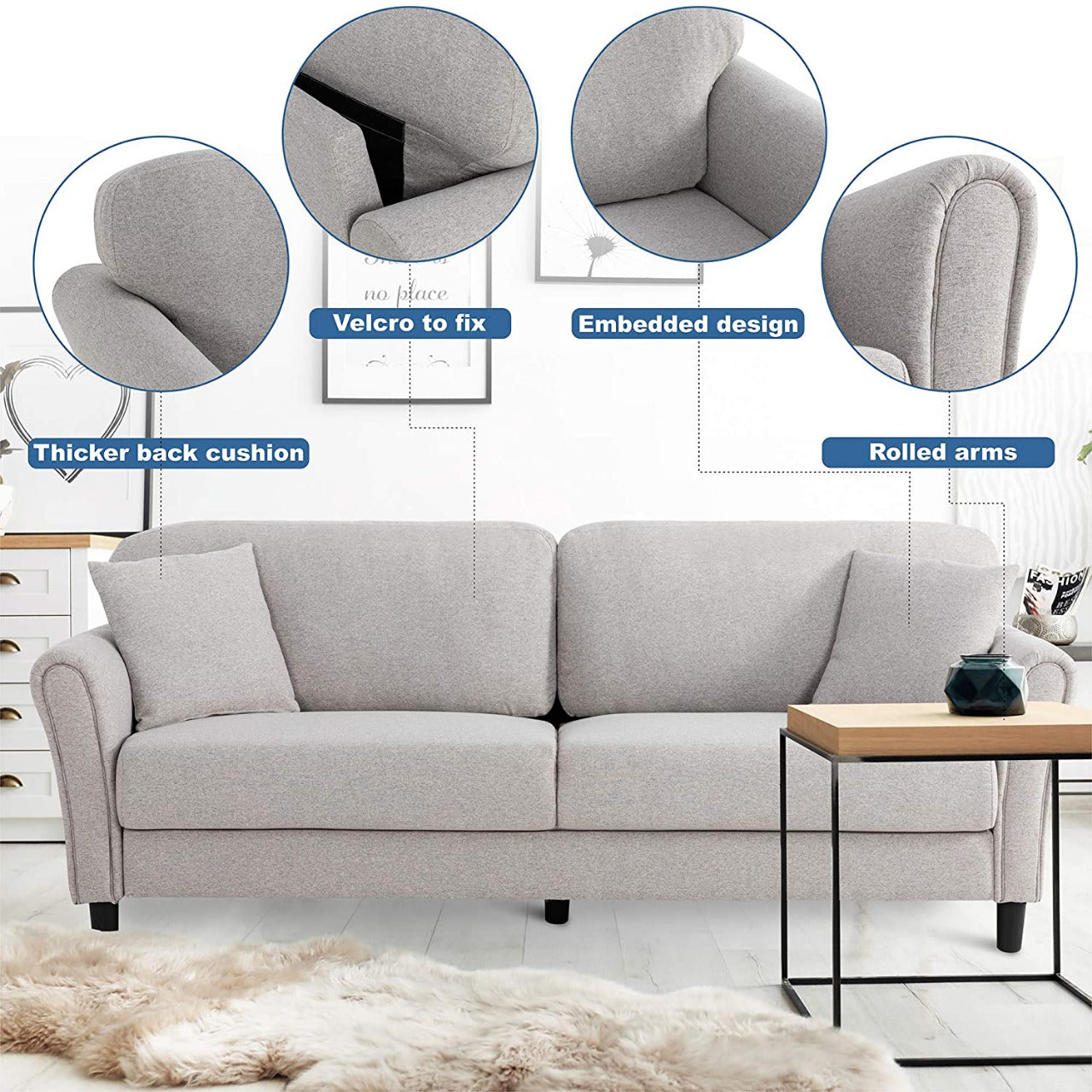 2 Seater Sofa : Deep Seat Sofa  Loveseat Furniture ( Light Grey )