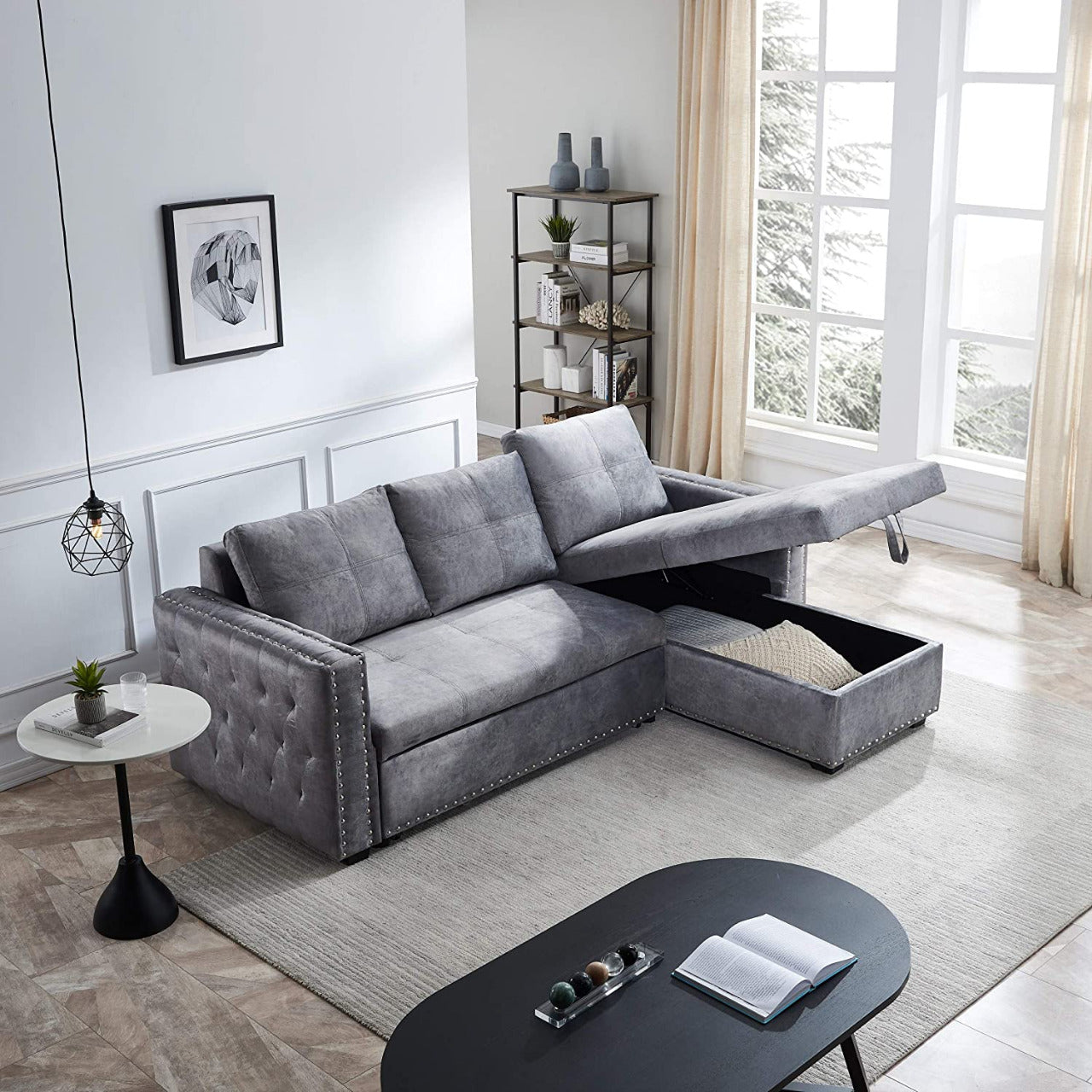 L Shape Sofa Set: Grey Velvet L- Shaped Sleeper Sofa – Gkw Retail