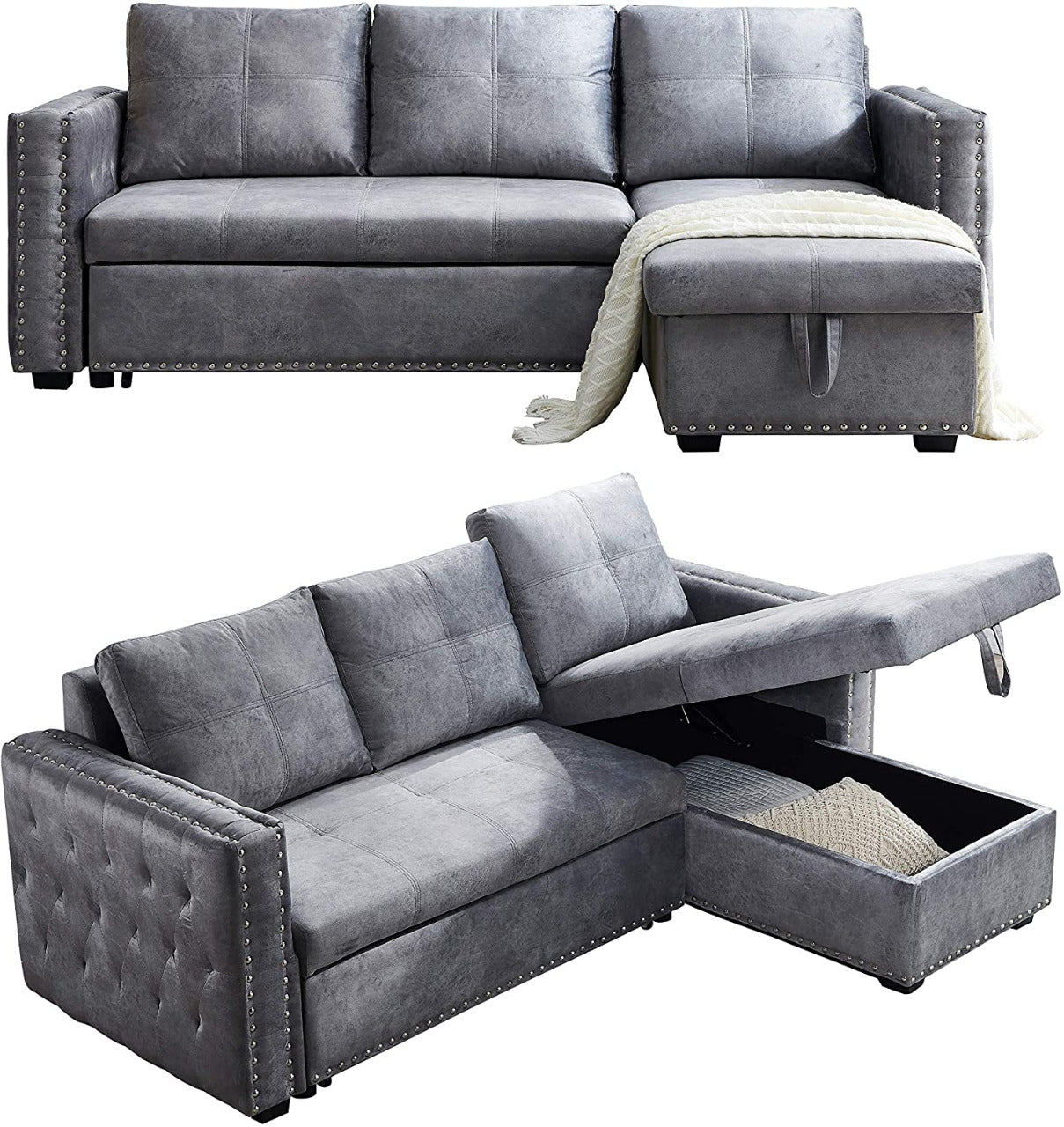 L Shape Sofa Set: Grey Velvet L- Shaped Sleeper Sofa | GKW Retail