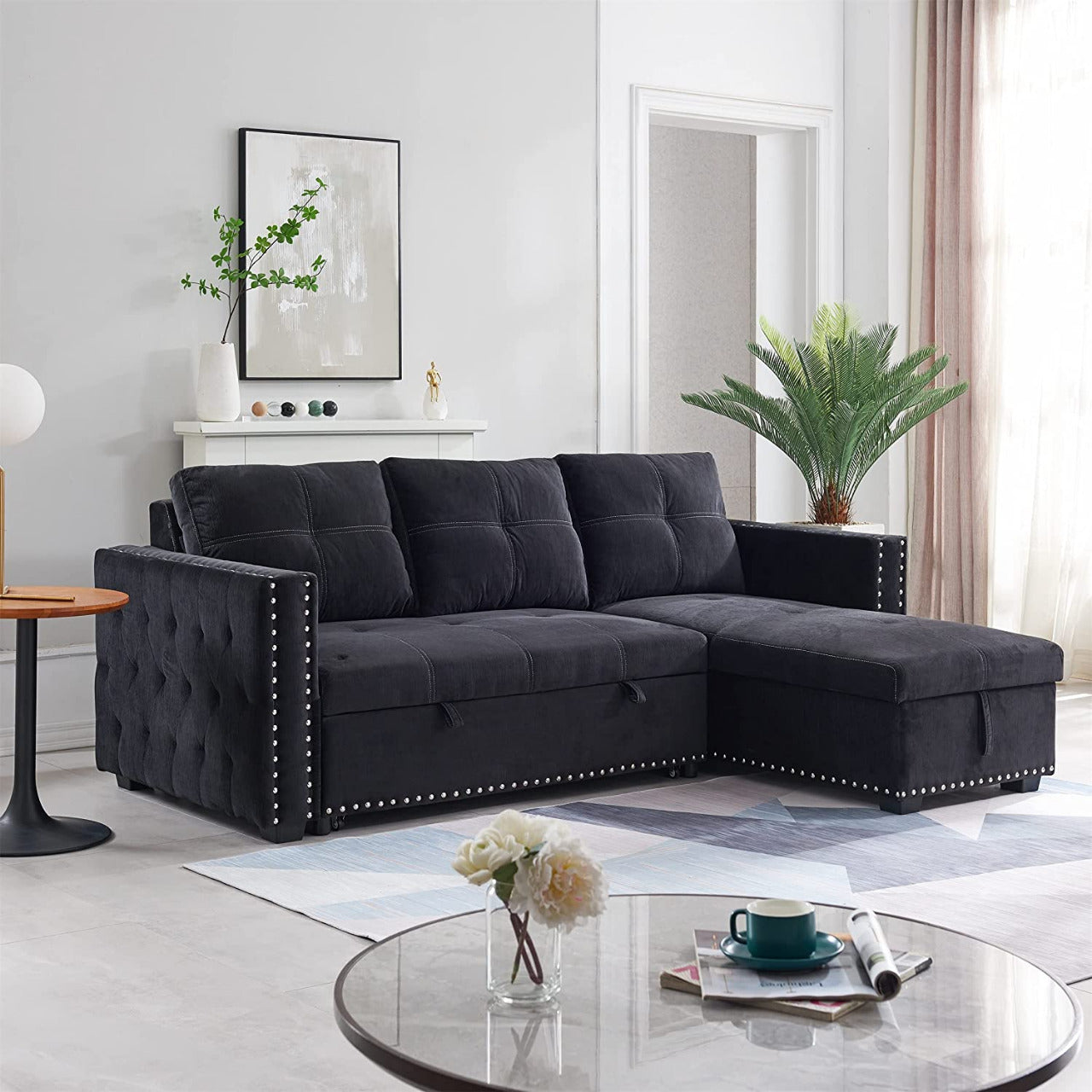 2 Seater Sofa Set: Grey Velvet L- Shaped Sleeper Sofa