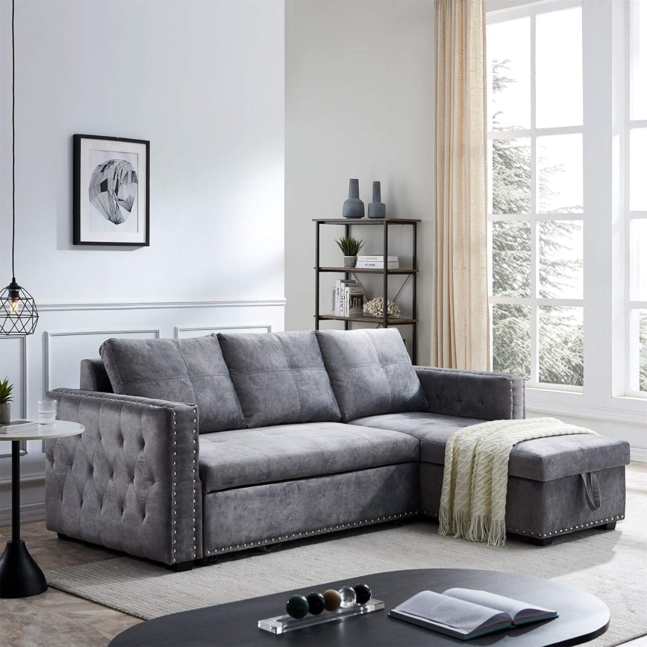 L Shape Sofa Set Grey Velvet Shaped Sleeper Gkw Retail