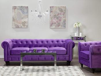 4 Seater Sofa Set:- Alden with Velvety Chesterfield Fabric Sofa Set (Purple)