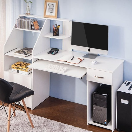 Computer Desk: Multi Functional White Shining Computer Desk With Extra Storage