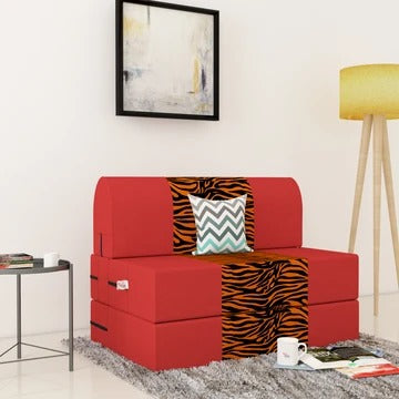 Sofa Cum Beds: 1 Seater Sofa Bed-Red & Golden Zebra- 3ft x 6ft with Free micro fiber Designer cushions