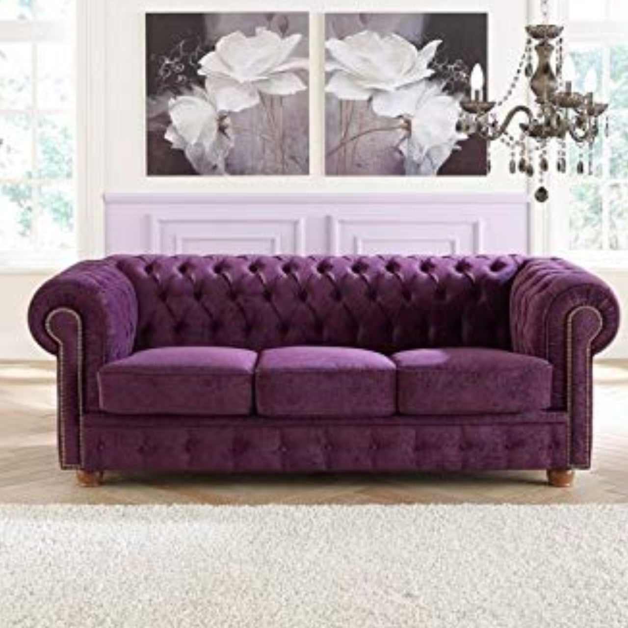 3 Seater Sofa Set- Zoin Velvet Fabric Sofa Set, Standard Size, (Purple)