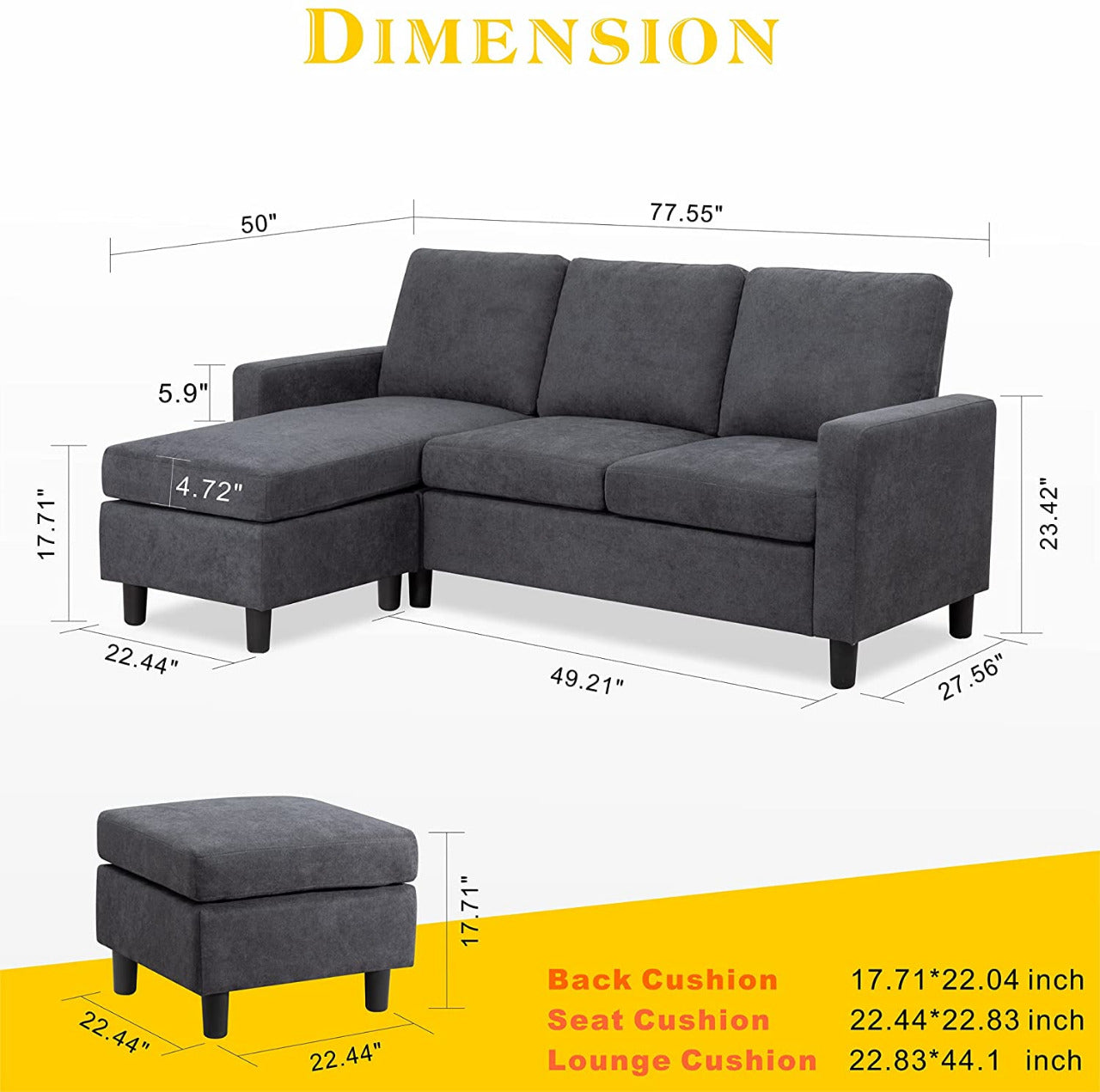 3 Seater Sofa : Dark Grey L-Shaped Convertible Sofa Set