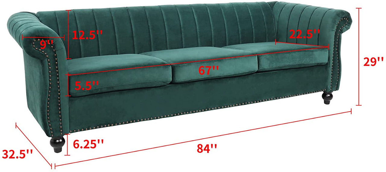 3 Seater Sofa : Tufted Velvet Sofa with Rolled armrests