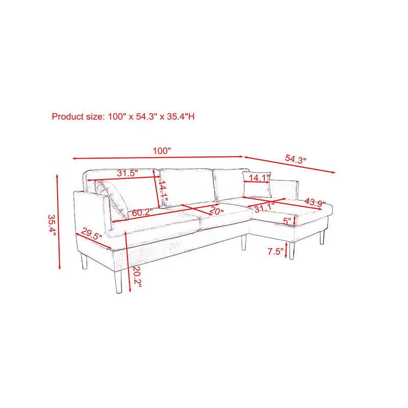 4 Seater Sofa Set: 100'' Velvet Square Arm Modular Sofa