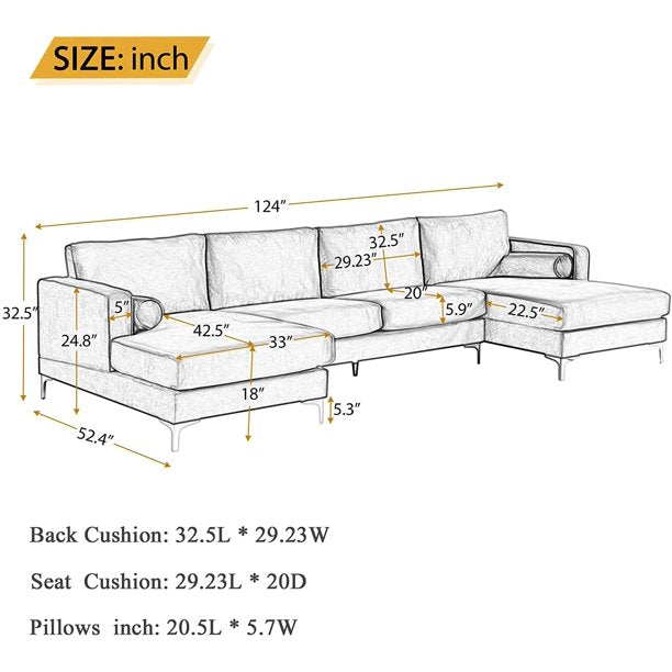4 Seater Sofa Set: 24'' Velvet Square Arm U Shape Sofa