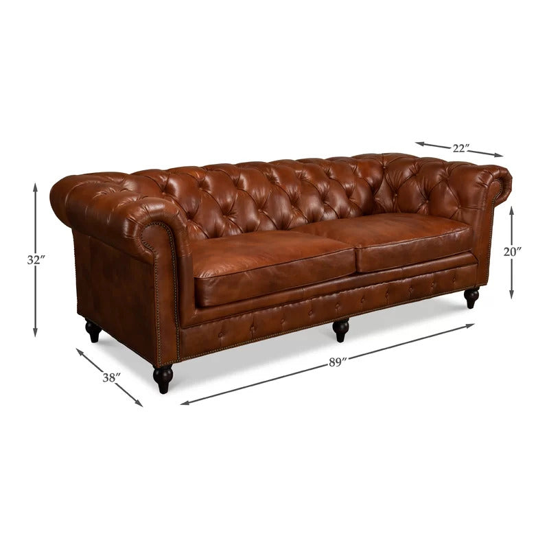 4 Seater Sofa Set: 89'' Leatherette Rolled Arm Chesterfield Sofa