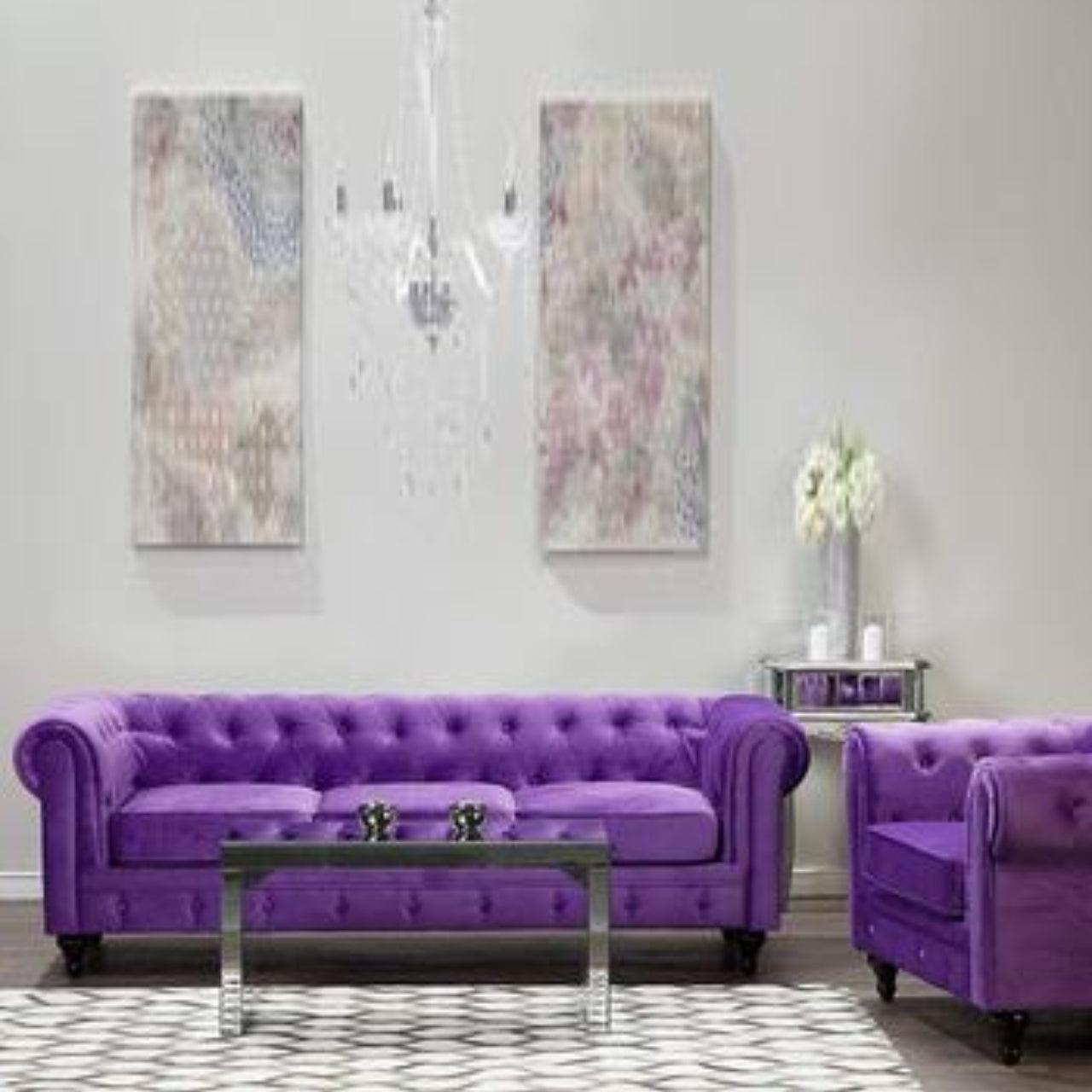Velvety Chesterfield Fabric Sofa Set