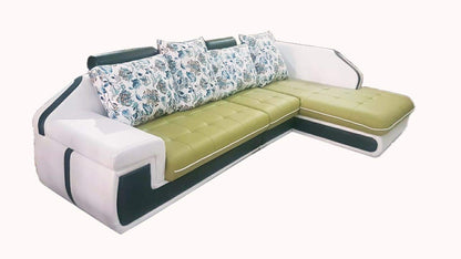 L Shape Sofa Set: -Hardwood Roland Sectional Leatherette Sofa Set with 1 Puffy (Pear Green and White)