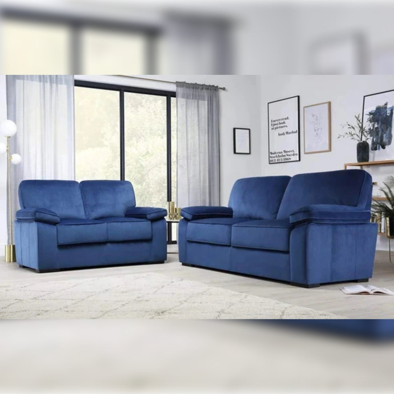 5 Seater Sofa Set- Blue Velvet Fabric Sofa Set