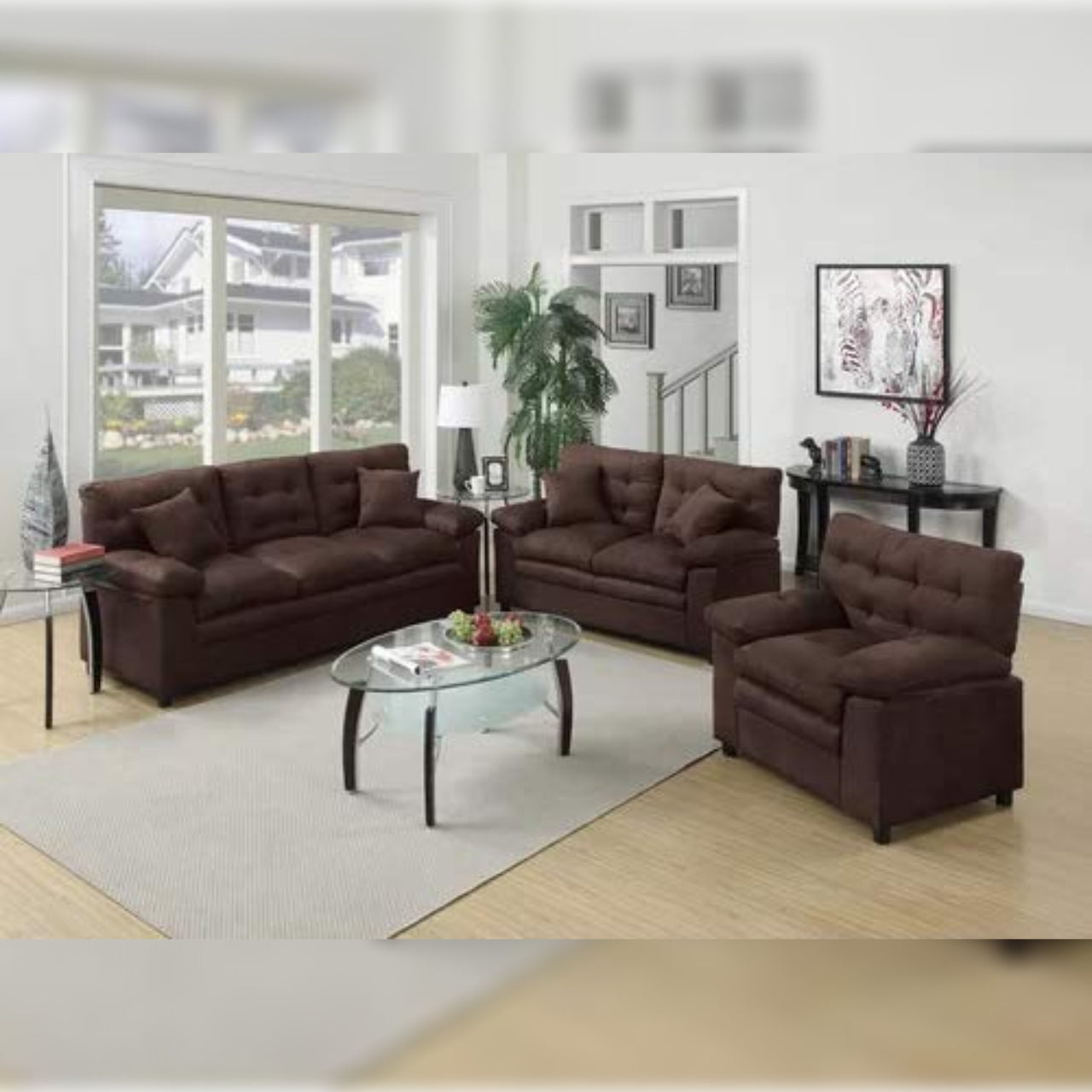 6 Seater Sofa Set- 3 Piece Living Room Fabric Sofa Set (Brown)