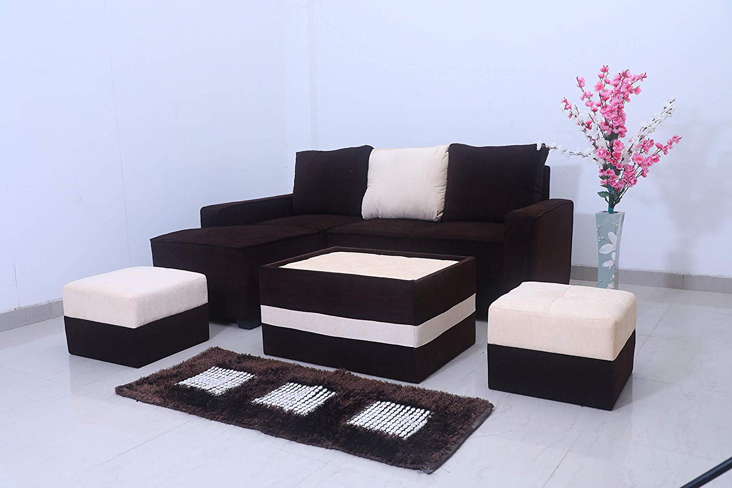 L Shape Sofa Set:- Fine Bone Hardwood Fabric Sofa Set 2-Puffy with Center (Brown & Beige)