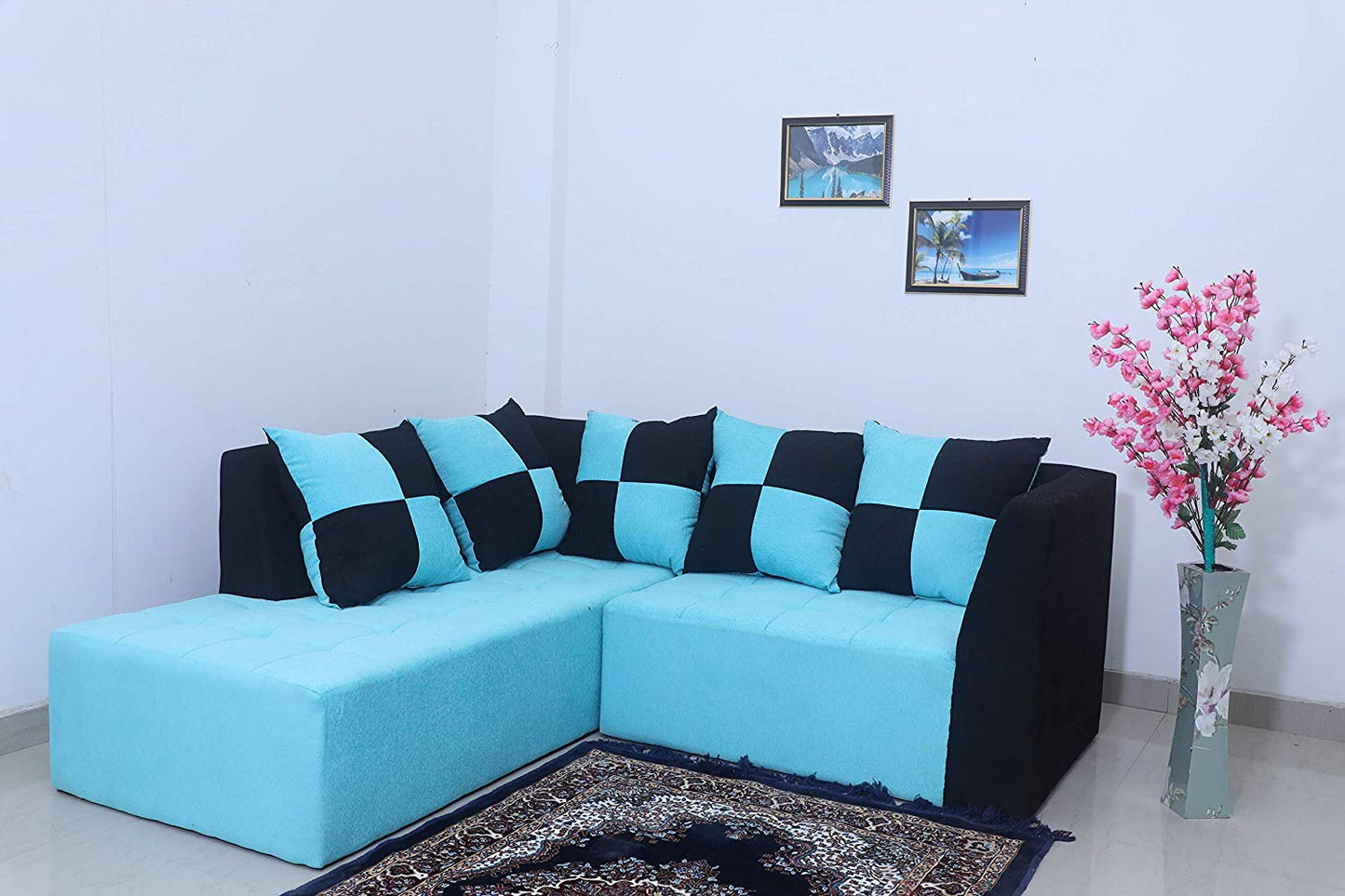 L Shape Sofa Set:- Fine Bone Fabric Sofa Set (Sky Blue & Black)
