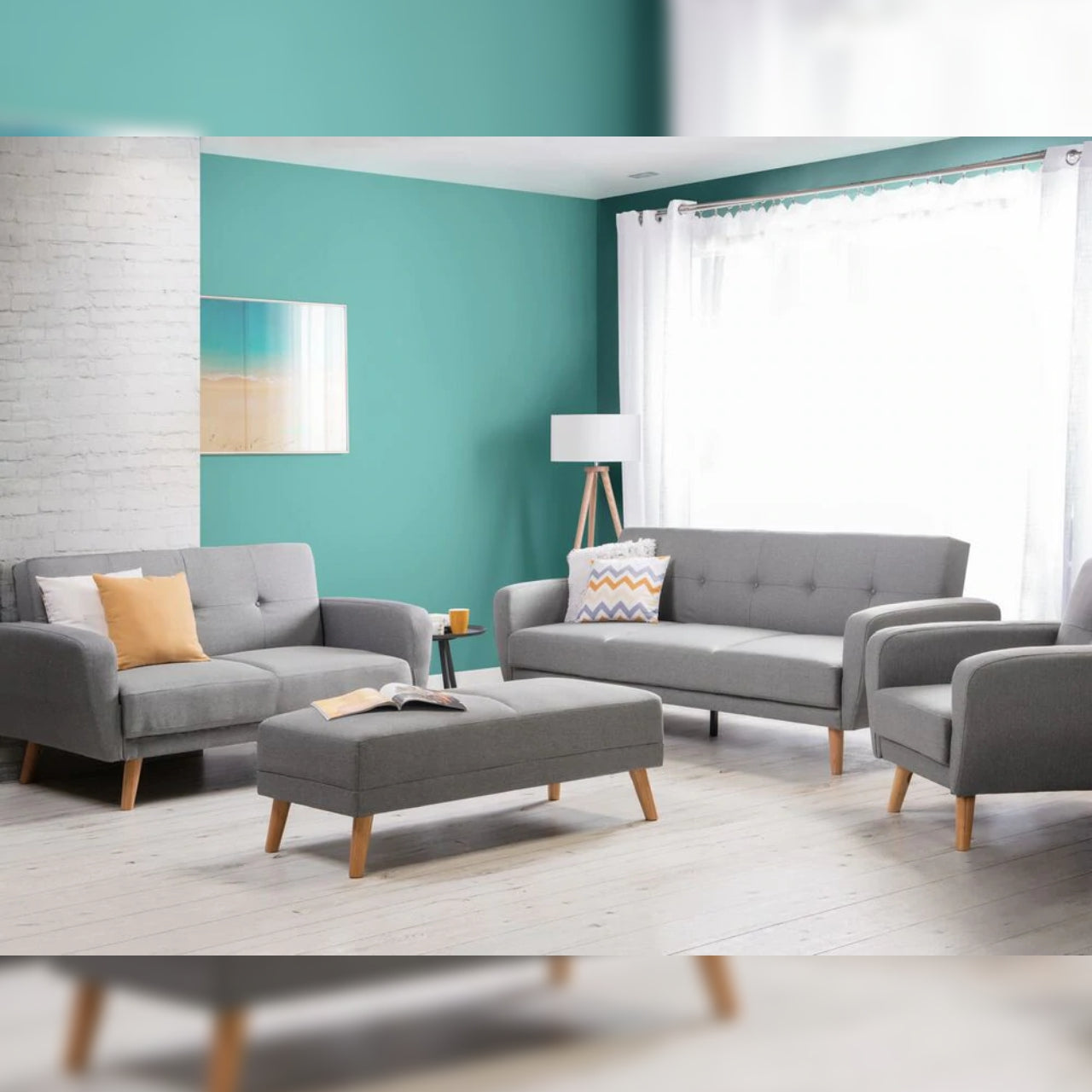 8 Seater Sofa Set Grey Fabric Living Room Sofa Set