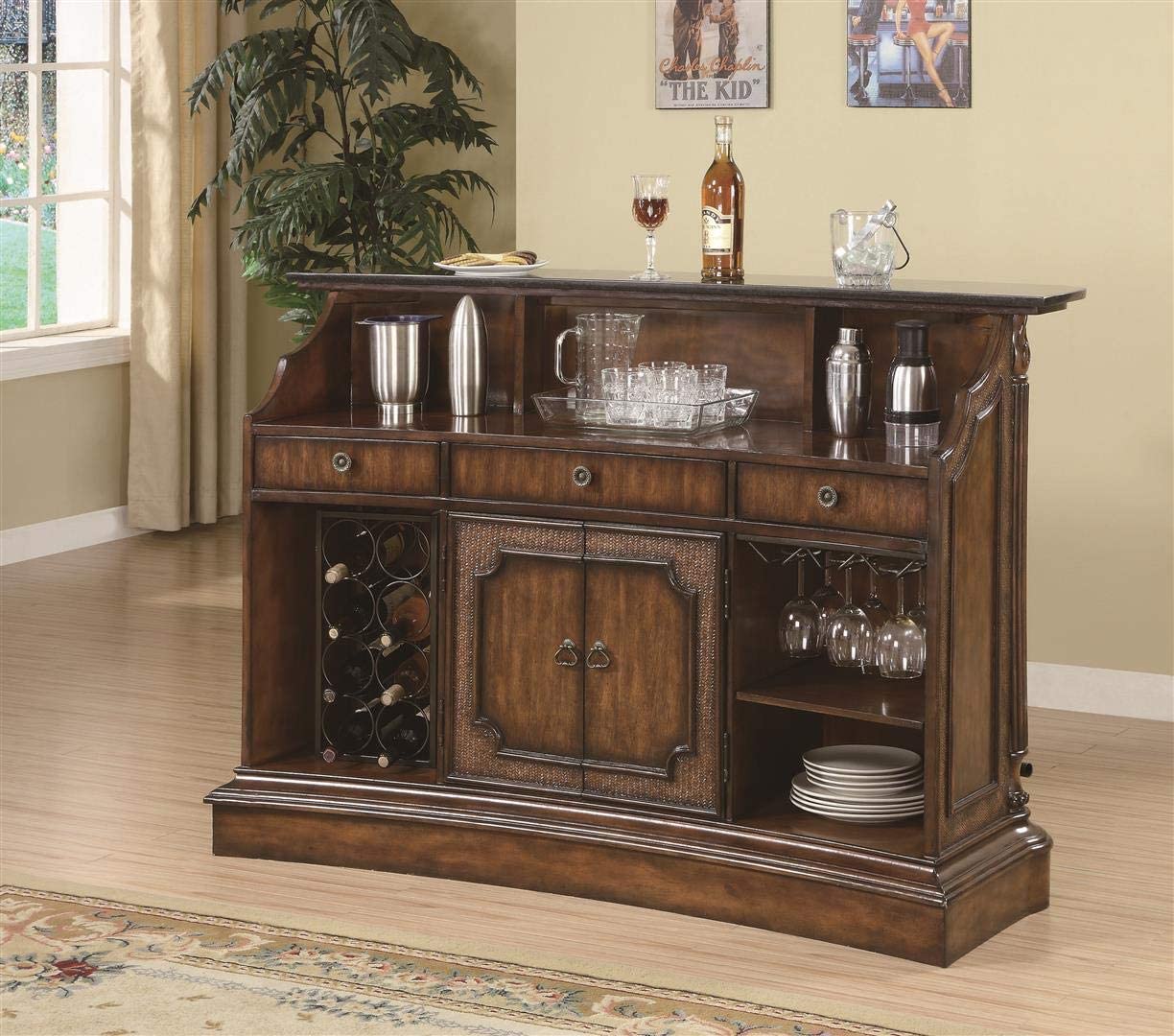 Bar Cabinet:  2-door 3-drawer Bar Unit with Marble Top Warm Brown and Black 