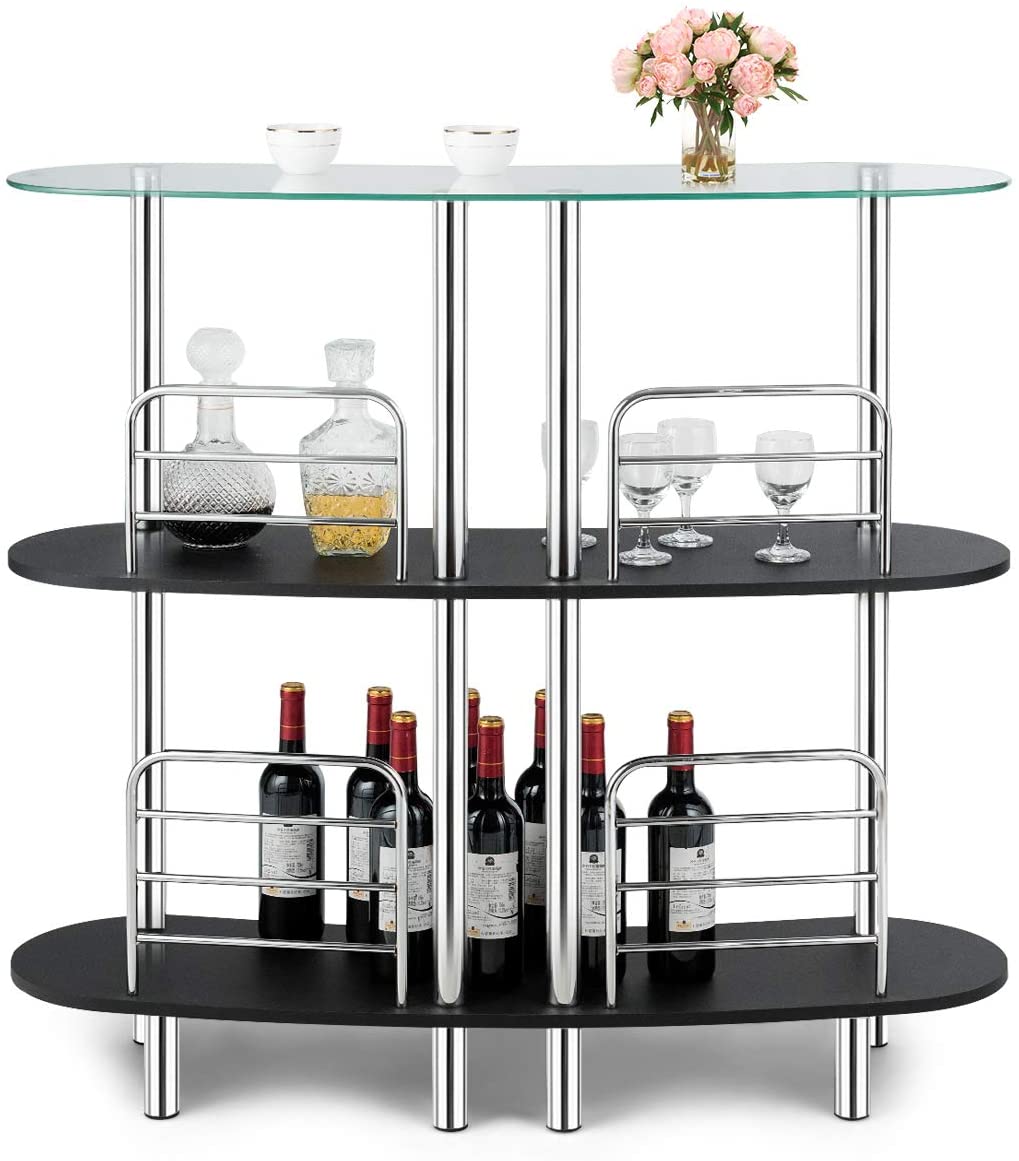 Bar Cabinet: 3-Tier Glass Liquor Cabinets, Bar Unit with 2 Shelves