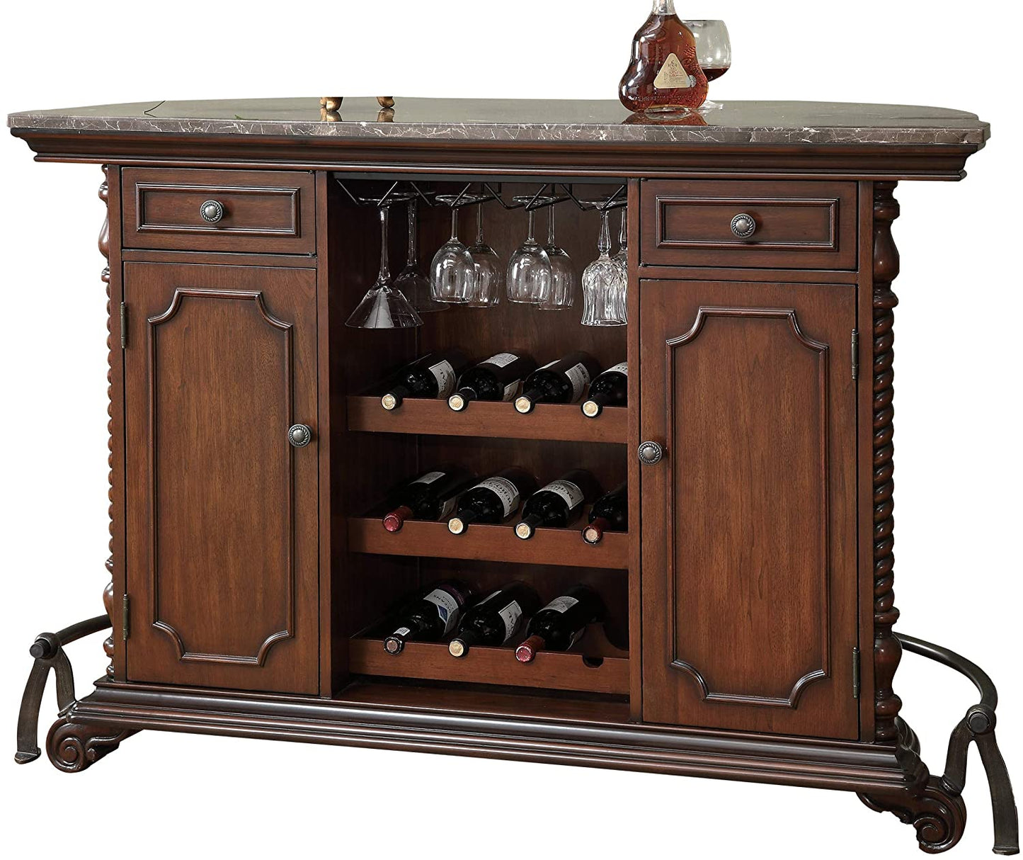 Bar Cabinet: Brown 2-door 2-drawer Bar Unit with Marble Top 
