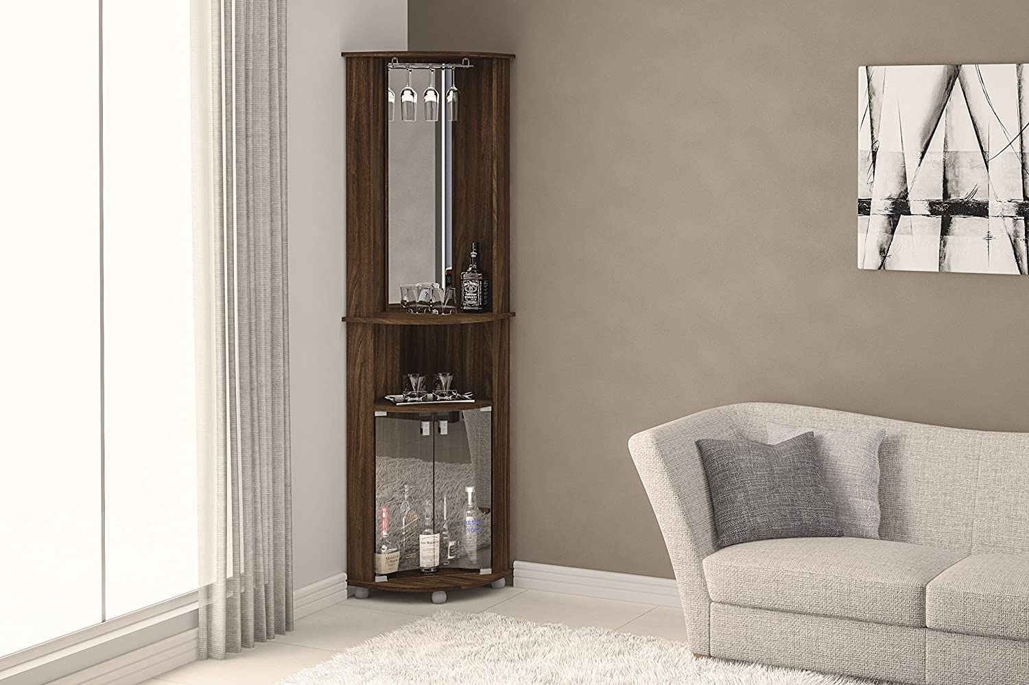 Bar Cabinet: Corner Bar, 2 Glass Door, Mirrored Wall, Glass Rack 