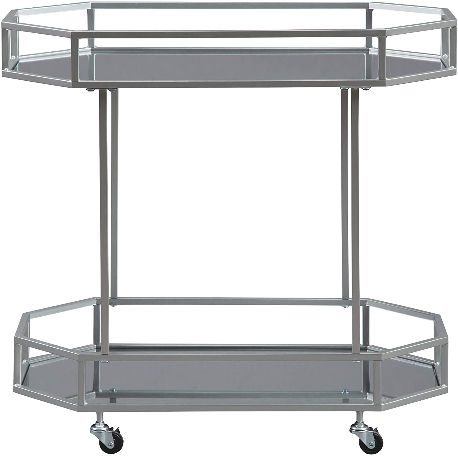 Bar Cabinet: Metal Bar Cart with Caster Wheels, Silver Finish 