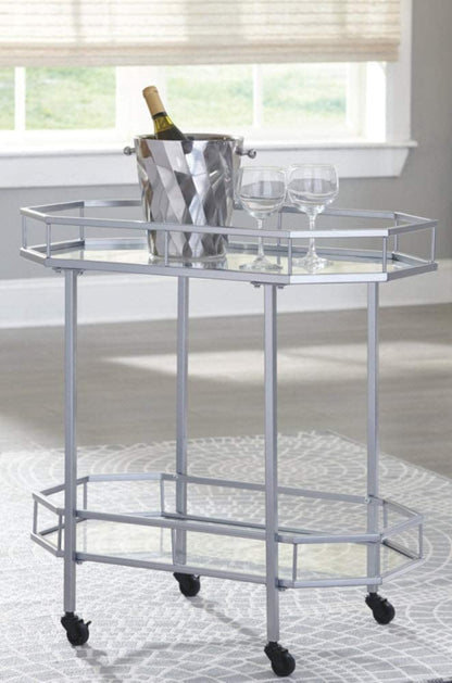 Bar Cabinet: Metal Bar Cart with Caster Wheels, Silver Finish 