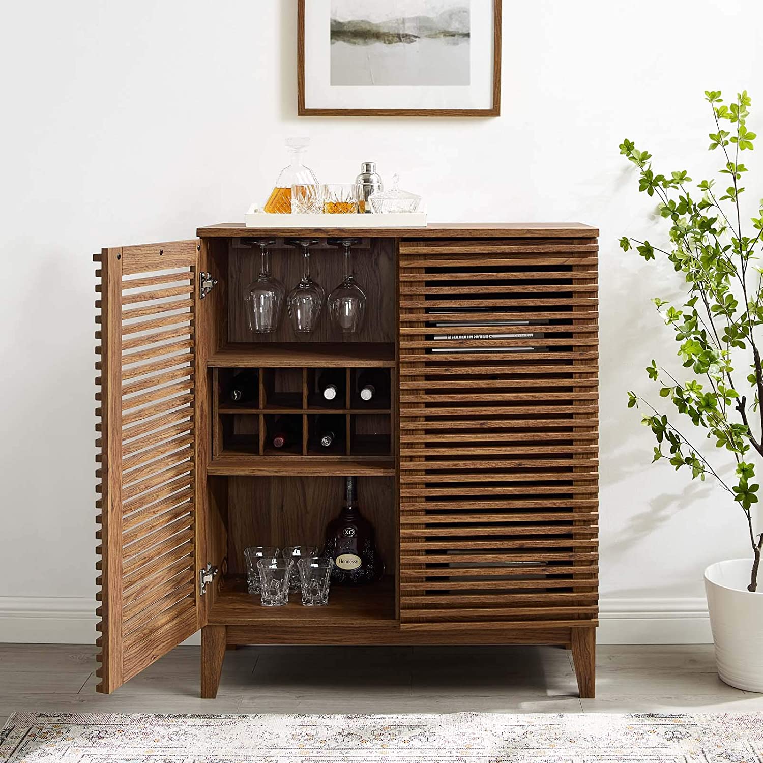 Bar Cabinet: Modern Bar with Wine Rack Storage Cabinet, Walnut 