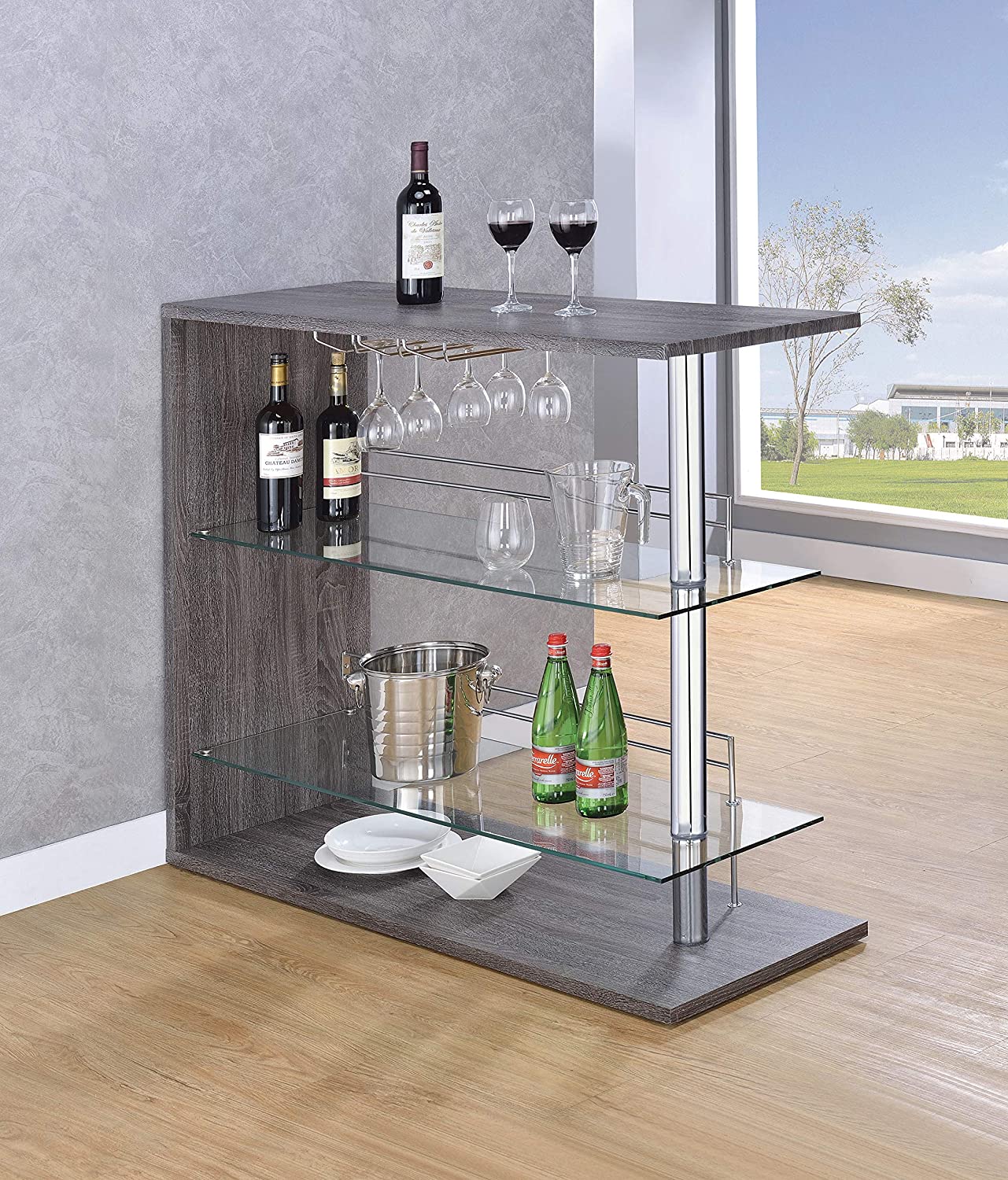 Bar Cabinet: Rectangular Bar Unit with 2 Shelves and Wine Holder