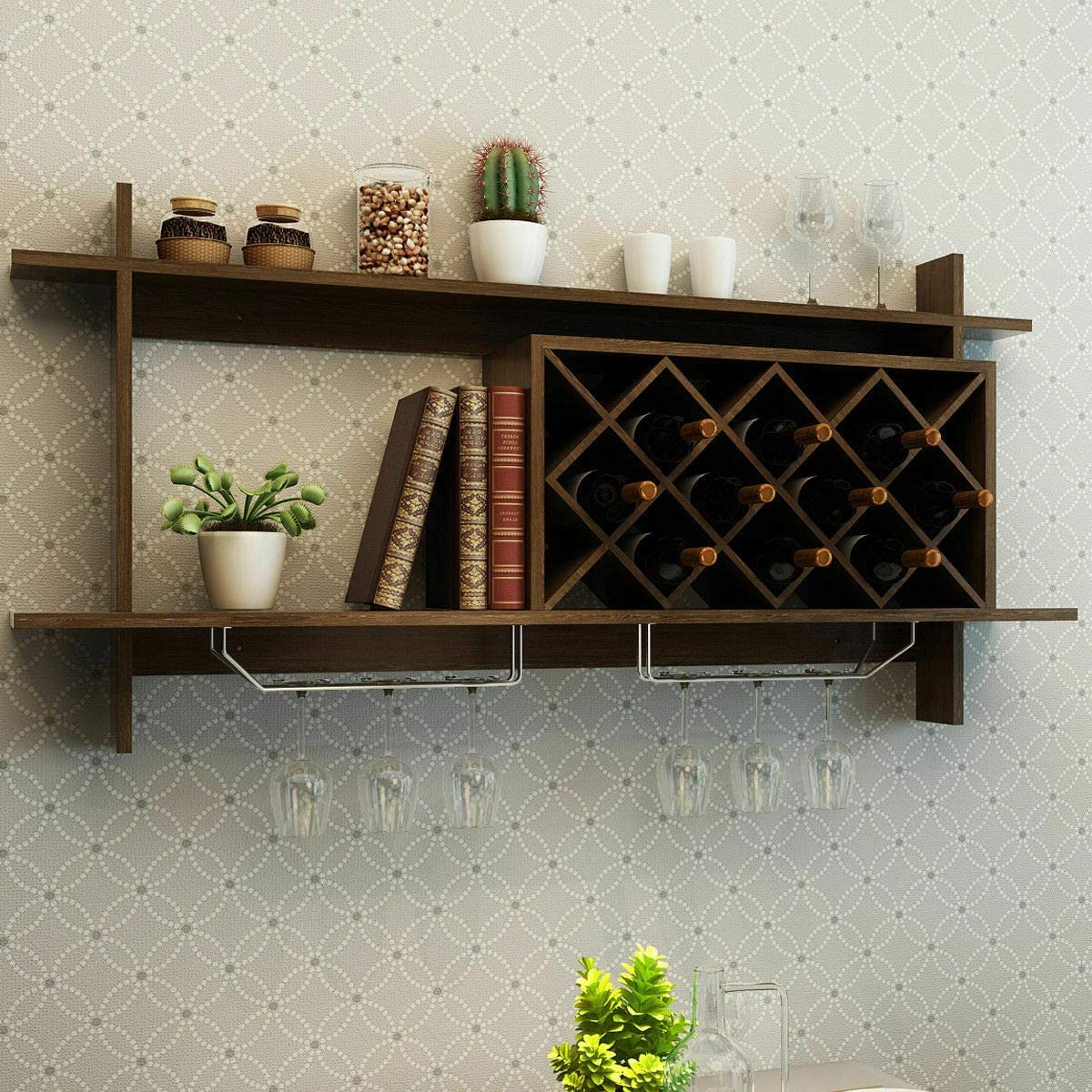 Bar Cabinet: Wall Mount Wine Rack Organizer With Glass Holder & Storage Shelf