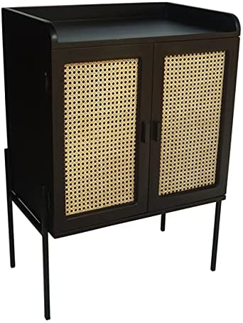 Bar Cabinet: Wood Natural Woven Cane Details Bar Cabinet, Black Finish 