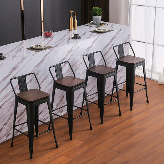 Bar Stool: Set of 4 Counter Bar Stools with Wood Top Low Back Matte Black