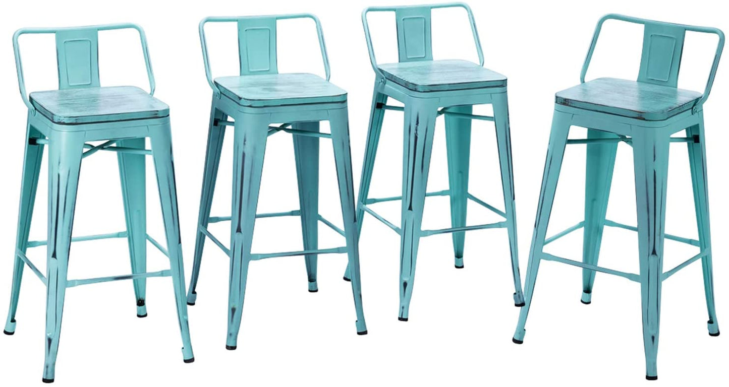 Bar Stools: Metal Barstools Counter Height Stools with Wooden Seat [Set of 4]