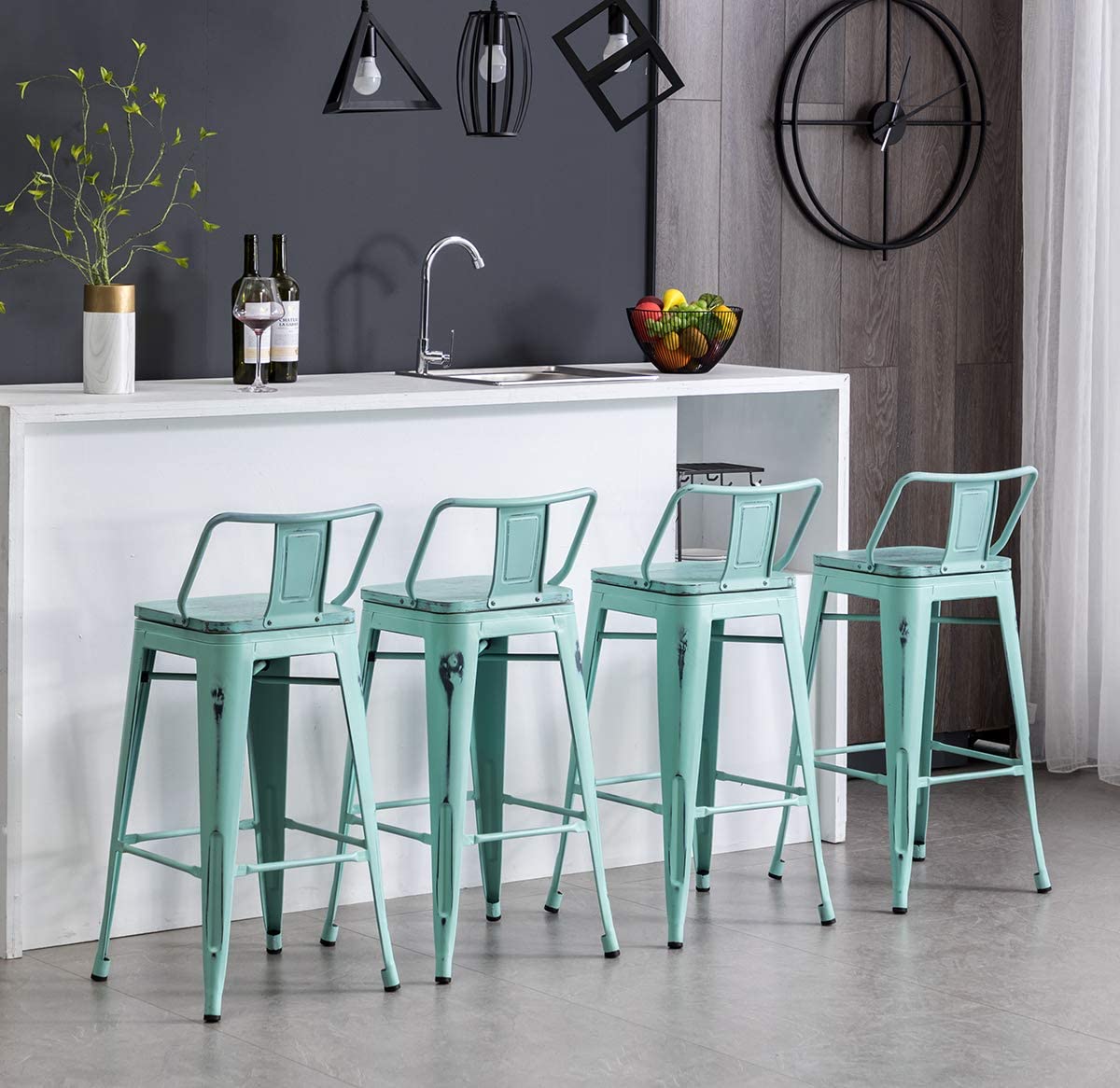 Bar Stools: Metal Barstools Counter Height Stools with Wooden Seat [Set of 4]
