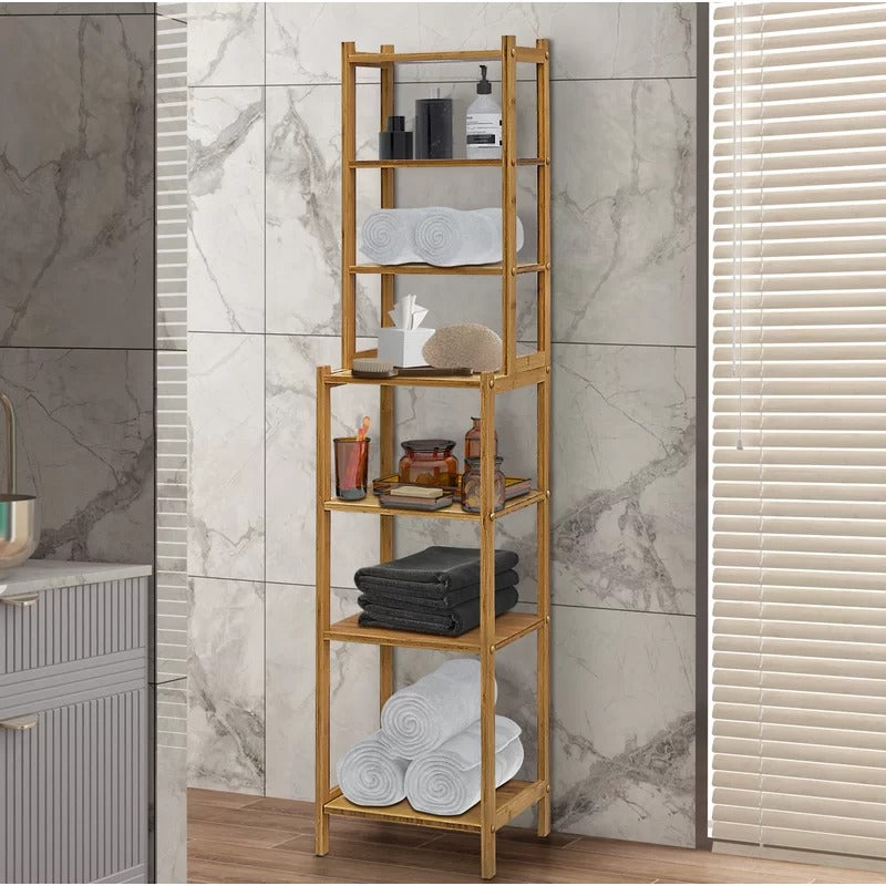 Bathroom Cabinets: 14.5'' W x 63.75'' H x 12'' D Solid Wood Free-Standing Bathroom Shelves