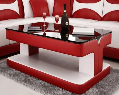 Leatherette Coffee Table: Red Leatherette Coffee Table w/Black Glass Table